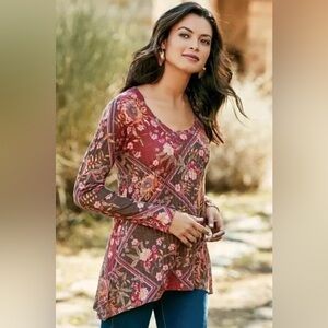 Soft Surroundings Alisanna Floral Ribbed Knit Tunic Top in Burgundy Boho size L
